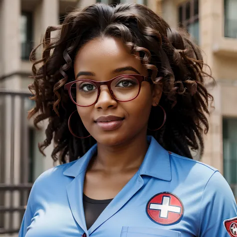 black girl, very fat, curly hair, red pharmaceutical uniform, nerdy glasses