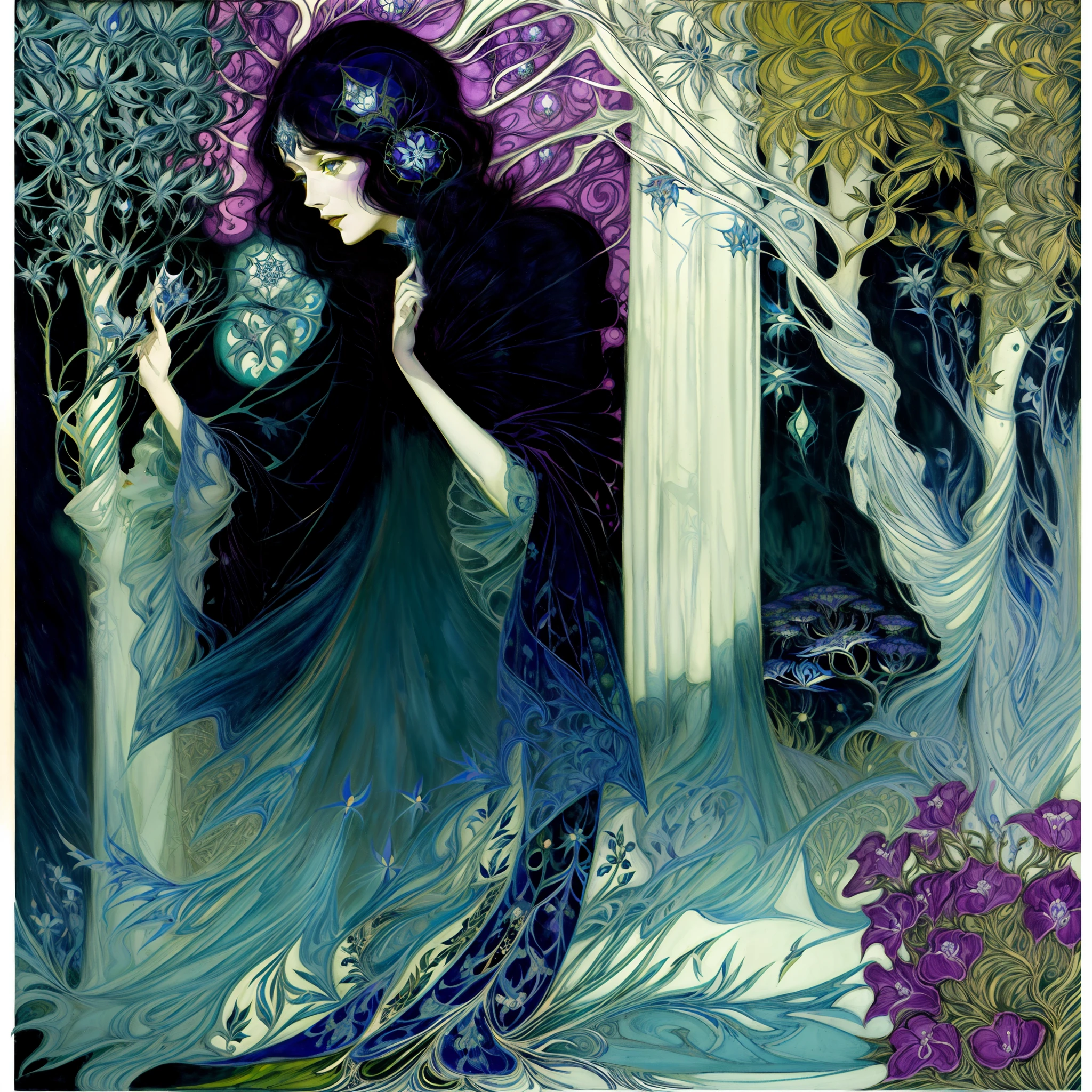 mulher em um vestido pintando um quadro em uma floresta, arte de Harry Clarke, por Harry Clarke, inspired por Harry Clarke, Beardsley, Kay Nielsen e Vadim Kashin, inspirado em Kay Nielsen, estilo de Carlos Schwabe, onças, composição do lado direito, Arthur Rackham e Milo Manara, por Aubrey beardsley, Marjorie Cameron