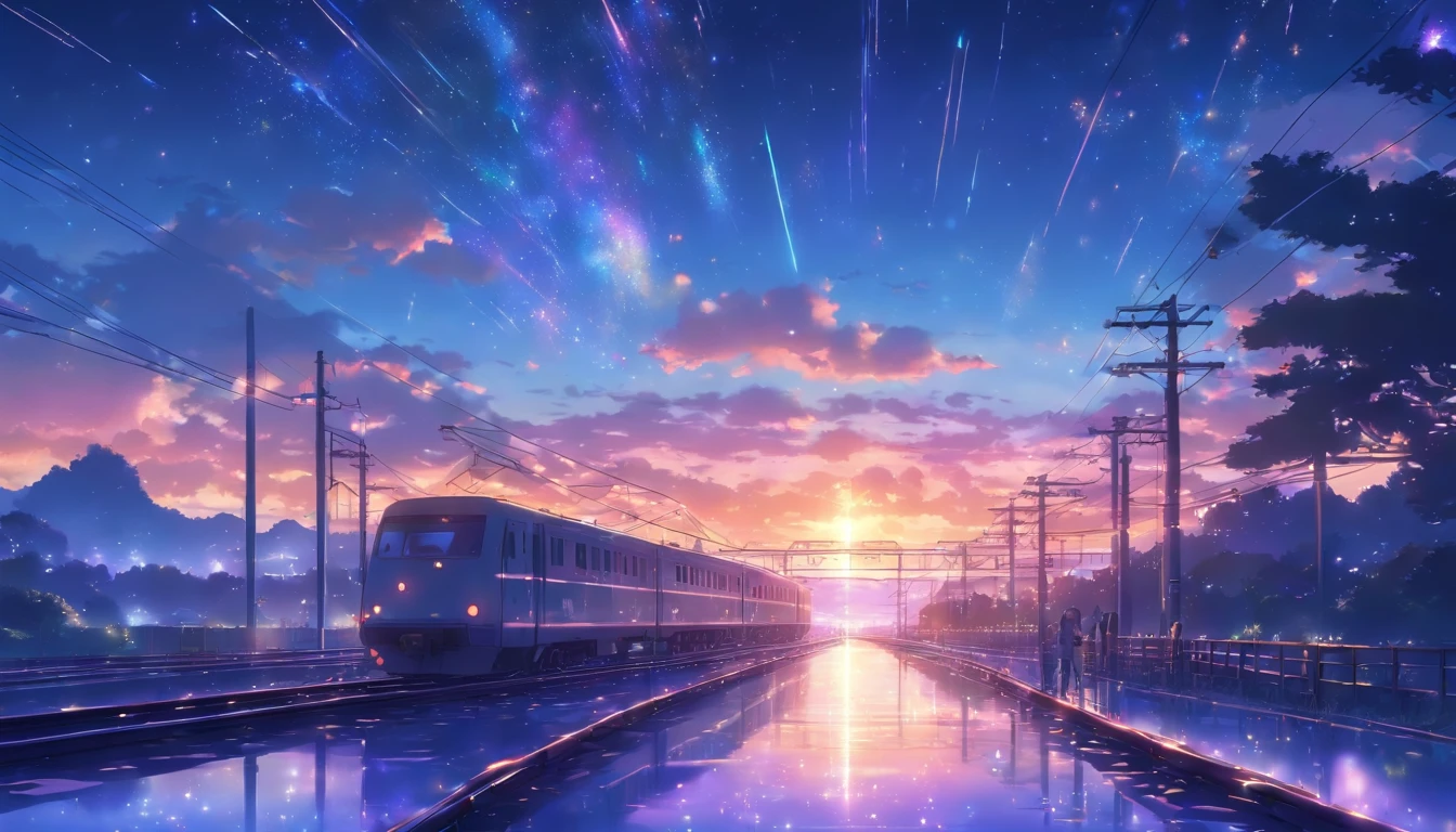 Masterpiece, Anime train passing through bodies of water on tracks, Bright starry sky. Romantic train, Makoto Shinkai's picture, Pisif, concept-art, Lofi art style, Reflection. By Makoto Shinkai, Lofi art, beautiful anime scenes, Anime landscape, Detailed scenery —width 672, in the style of makoto shinkai, Makoto Shinkai's style, Enhanced detail.