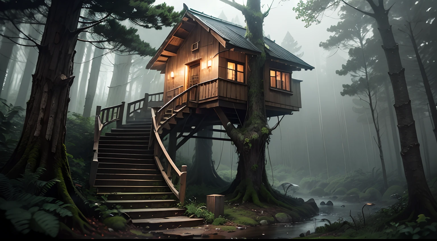Céu nublado e forte tempestade na floresta, Uma casa na árvore com escadas, Vegetação molhada, e algumas árvores ao redor