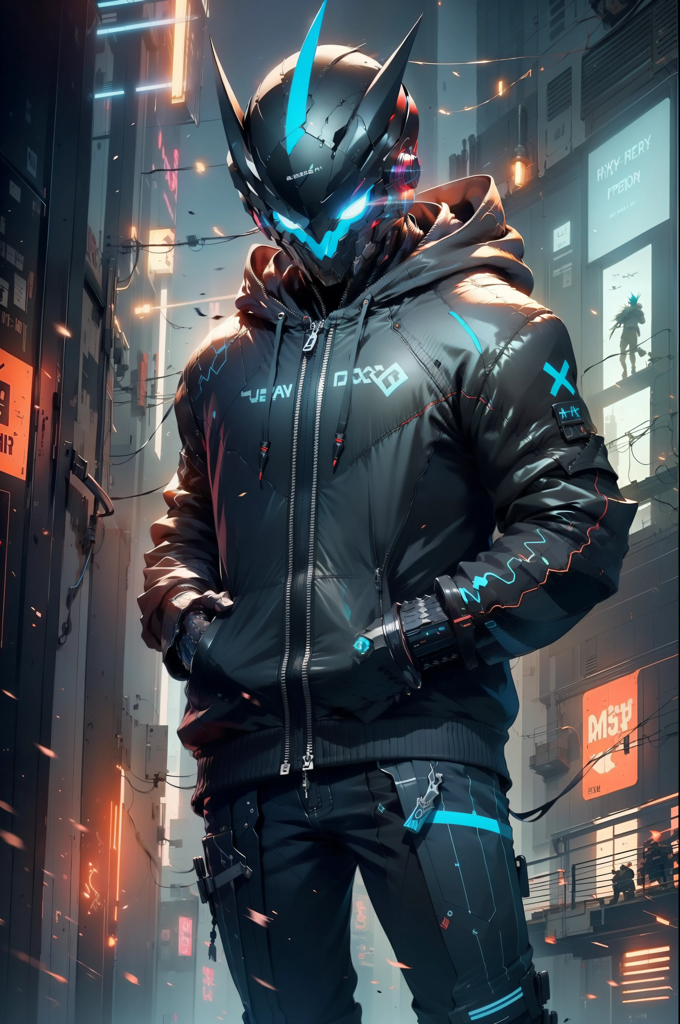 Había un niño que llevaba una máscara y una sudadera con capucha negra.，Con un cuchillo en la mano, estilo cyberpunk hiperrealista，Estilo anime ciberpunk digital.，colores cian