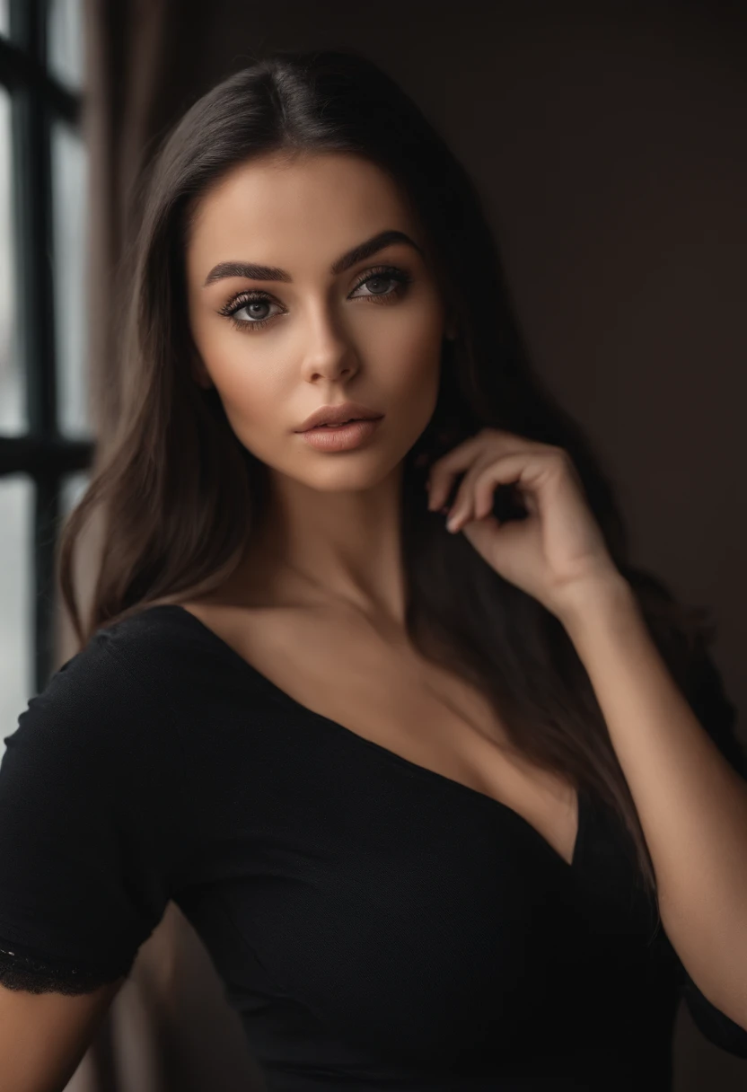 arafed woman with black sexy atractive  clothes, sexy girl with brown eyes, portrait sophie mudd, black hair and large eyes, selfie of a young woman, violet myers, without makeup, natural makeup, looking directly at the camera, face with artgram, subtle makeup, stunning full body shot, cleavage