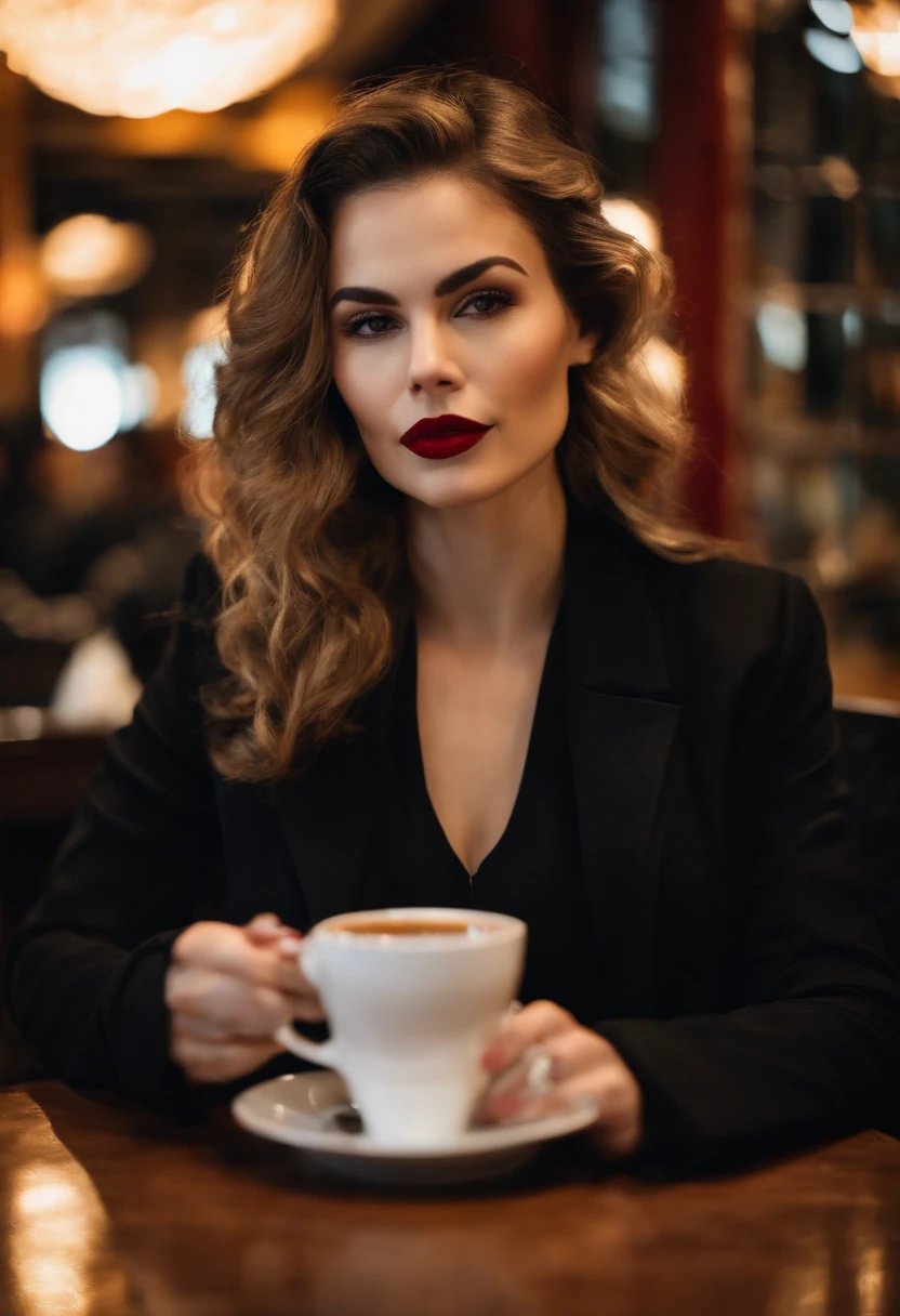 2010s fashion, mid closeup, Canon EF 85mm f/1.2L II USM, A woman sits in a restaurant drinking coffee, Wearing a black jacket and red lips, Emphasize facial expressions, street fashion.