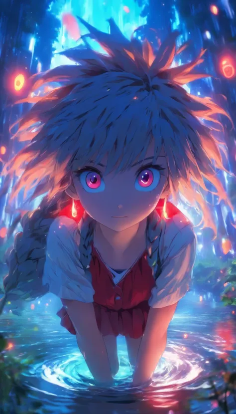 1girll, Solo，ssmile，White shirt, Red skirt, Socks, dual horsetail，Full body like，Beautiful outdoor background, night moon, forest，glowworm，Pisif, concept-art, Lofi art style, Reflection，The hair is meticulously depicted，The eyes are meticulously depicted， ...