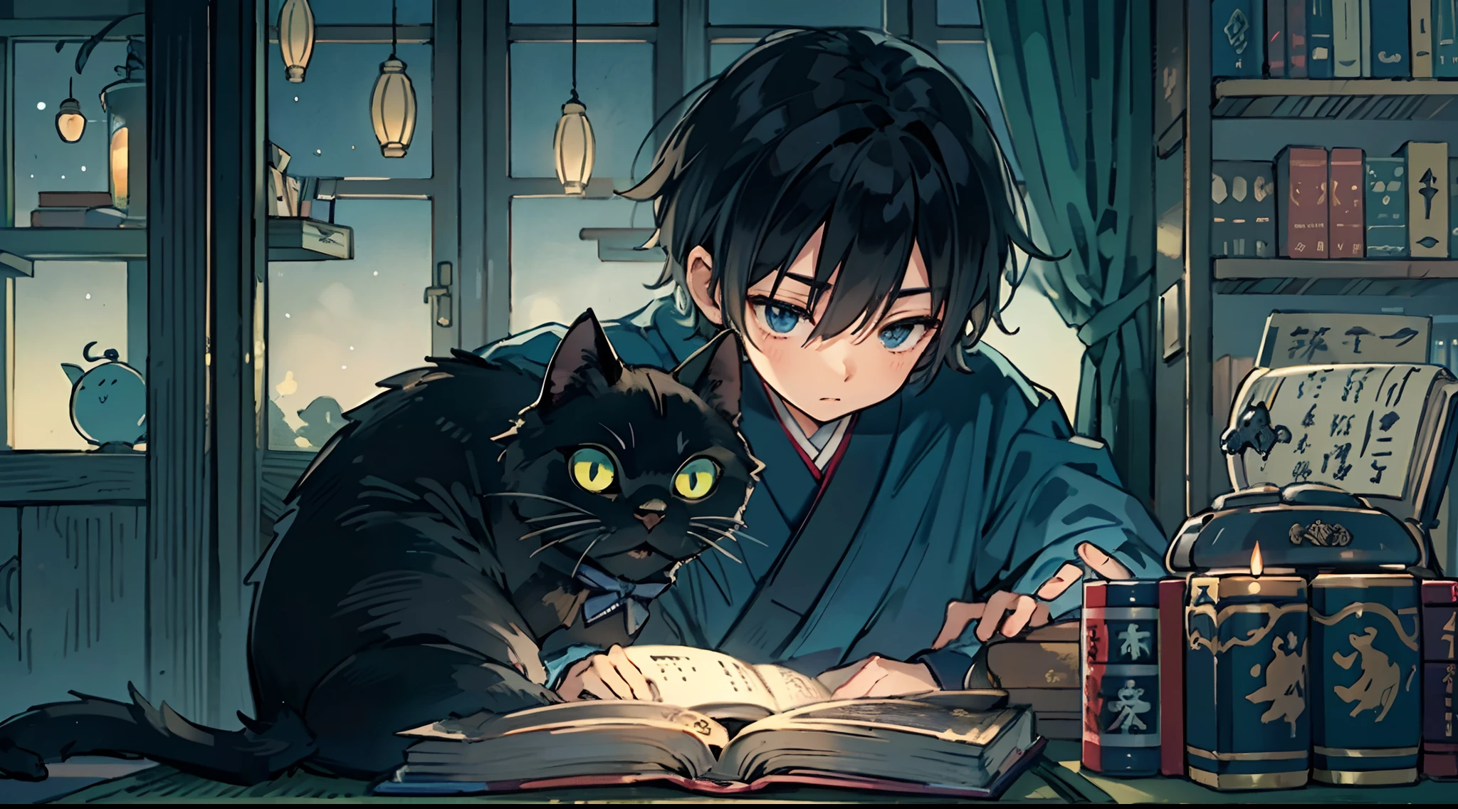 #Quality (intricate-detail、ultra-detailliert:1.2,cinematic shot), #night landscape (navy blue night sky), #one writing boy (16 male、writer,Honor Students、A dark-haired、short-hair、hakama,sit flat), #dark room (only one candle,books on desk,pretty tatami,a lot of books,bookshelf,black cat)