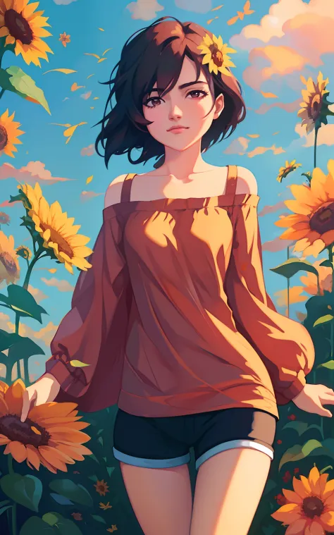 a woman in a brown top and black shorts standing in a field of flowers, beautiful sunflower anime girl, artgerm and atey ghailan...