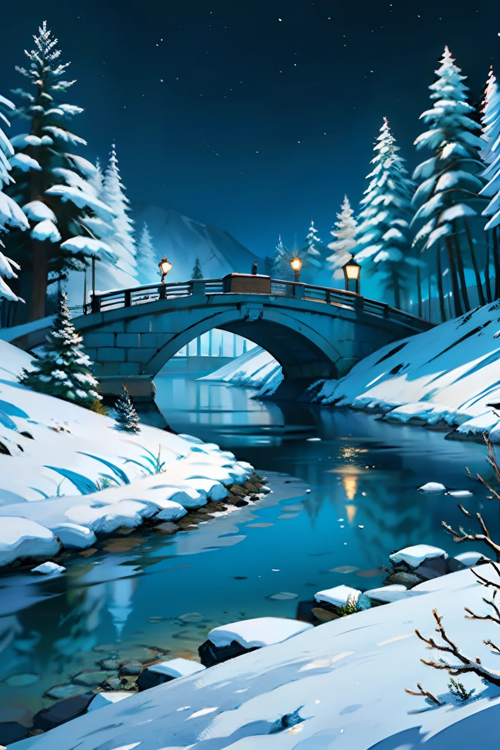 A painting of a winter landscape, pine trees, snow on ground, a winding river with a broken down bridge, eerie night time light, dark sky.