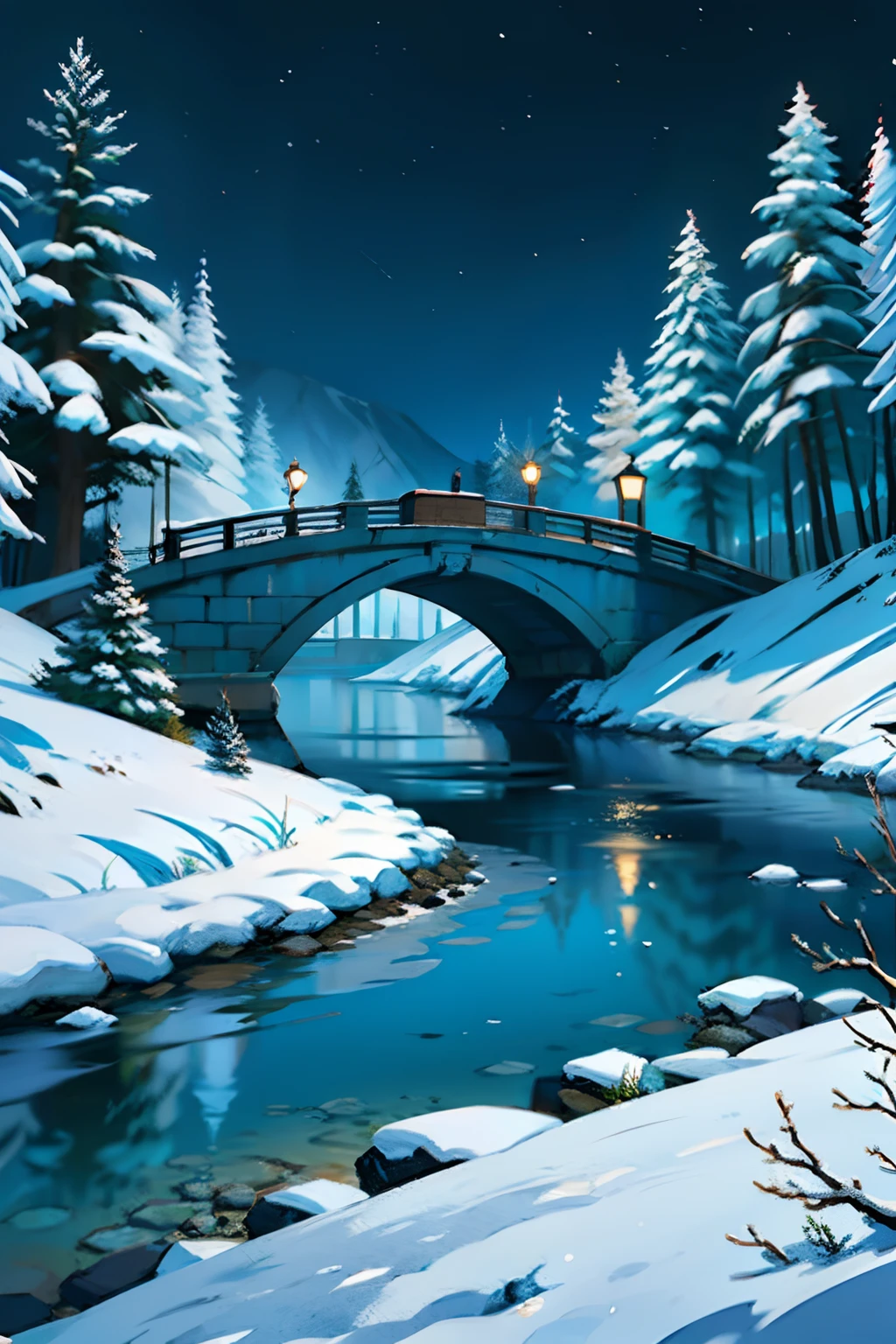 Une peinture d&#39;un paysage d&#39;hiver, pins, neige au sol, une rivière sinueuse avec un pont en panne, lumière nocturne étrange, ciel sombre.