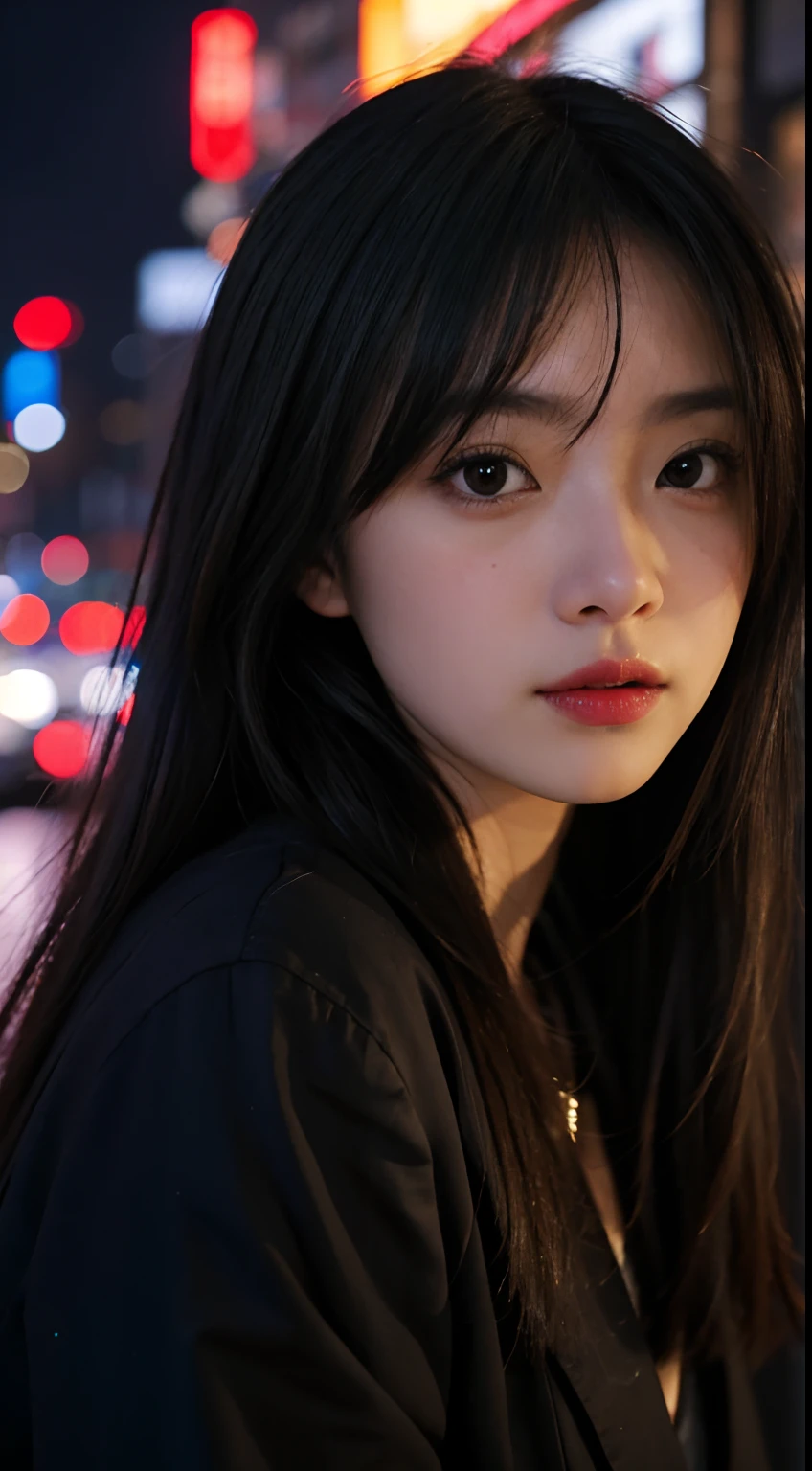 1girl, Tokyo street,night, cityscape,city lights, upper body,close-up, 8k, RAW photo, best quality, masterpiece,realistic, photo-realistic,