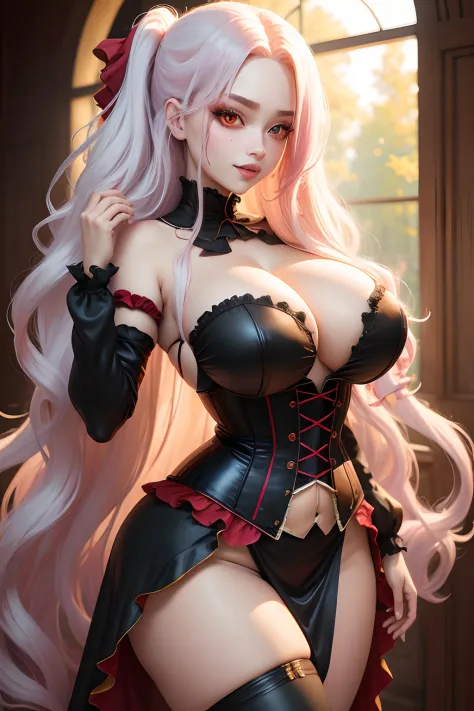 anime, vampire, girl, long hair, fluffy loose curly hair, anime red and white hair color, stylish hairstyle, symmetrical hair, hair does not cover face, curvy body, sexy girl, beautiful girl, sensual vampress dress with corset, sexy face, youthful face, wi...