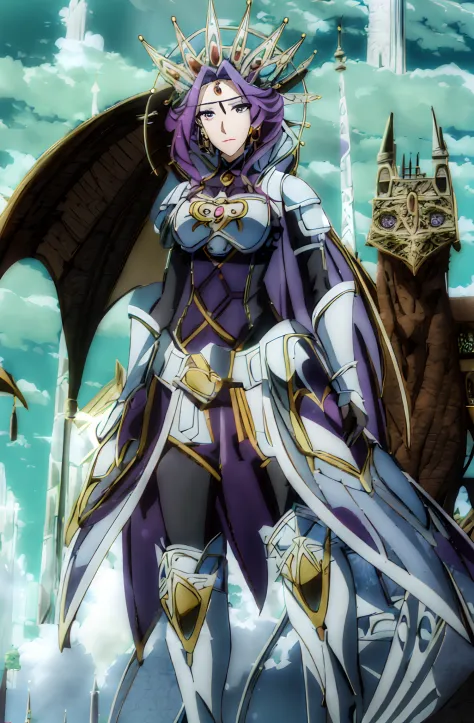 (Day:1.5),a castle with towers and towers on top of a hill with trees and clouds in the background and a blue sky,
Standing at attention,
purple and white outfit,armored dress,shoulder armor, armor,armored boots, 
purple_hair, purple_eyes, jewelry, earring...