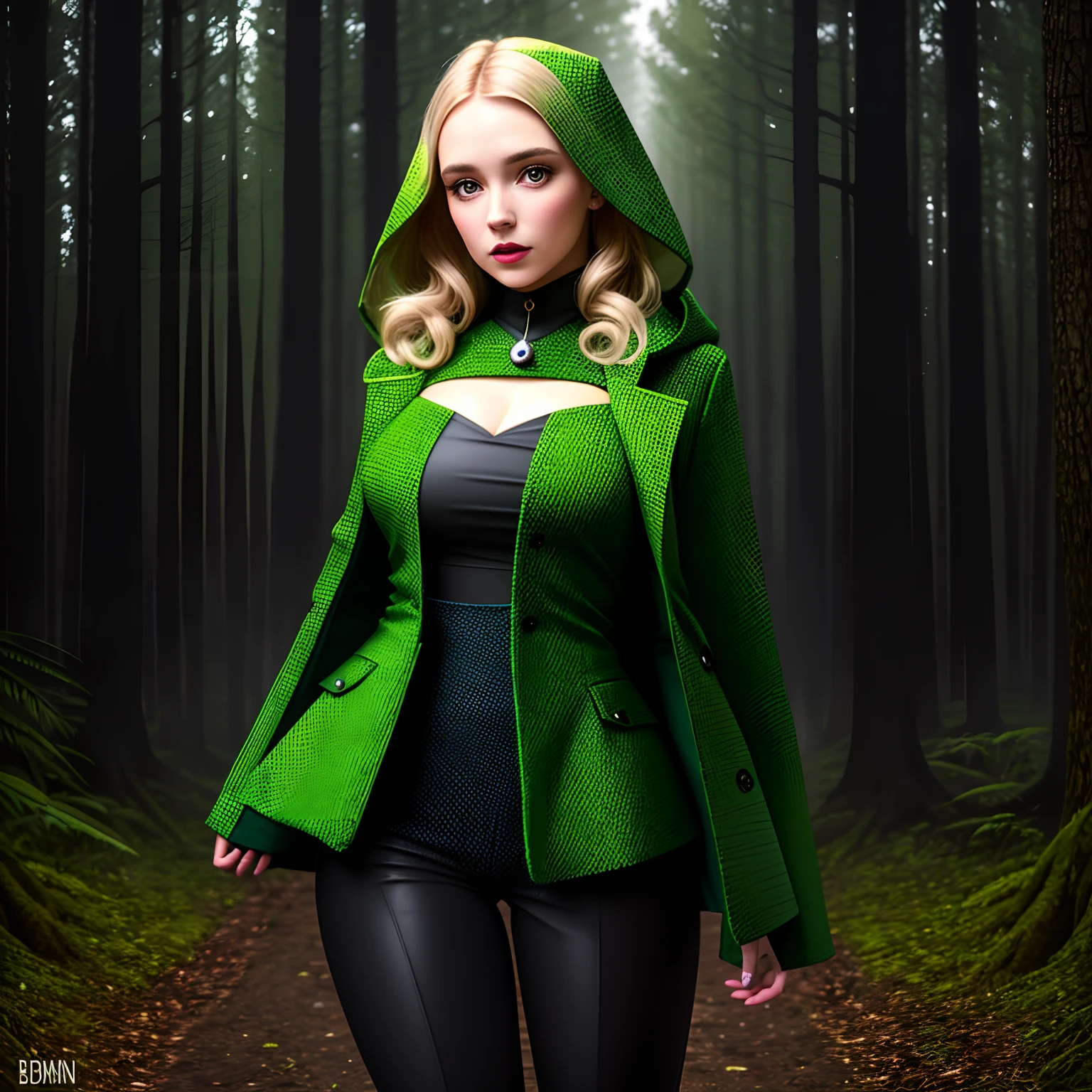 Model
Lyriel
 girl  (( solo)) with a face and body like Jodie Gasson , dressed in an unusual green coat with many patterns and black pants painted with patterns; , stands at full height against the backdrop of a colorful forest , Her boots are visible , Very detailed patterns on the coat green and black pants , Front light.