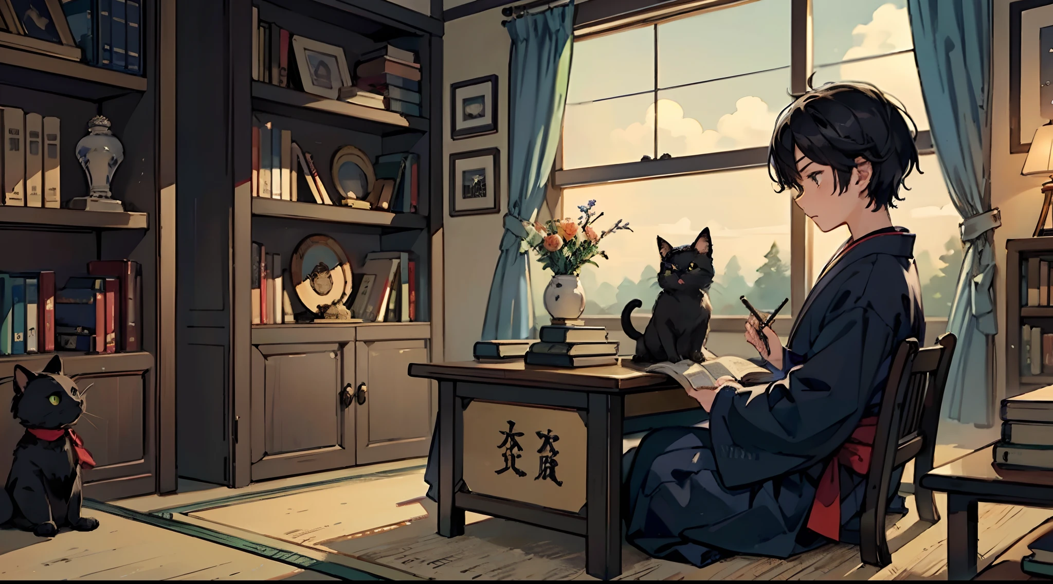 #Quality (intricate-detail、ultra-detailliert:1.2,cinematic shot), #night landscape (navy blue night sky), #one writing boy (16 male、writer,Honor Students、A dark-haired、short-hair、hakama,sit flat), #dark room (only one candle,books on desk,pretty tatami,a lot of books,bookshelf,black cat)