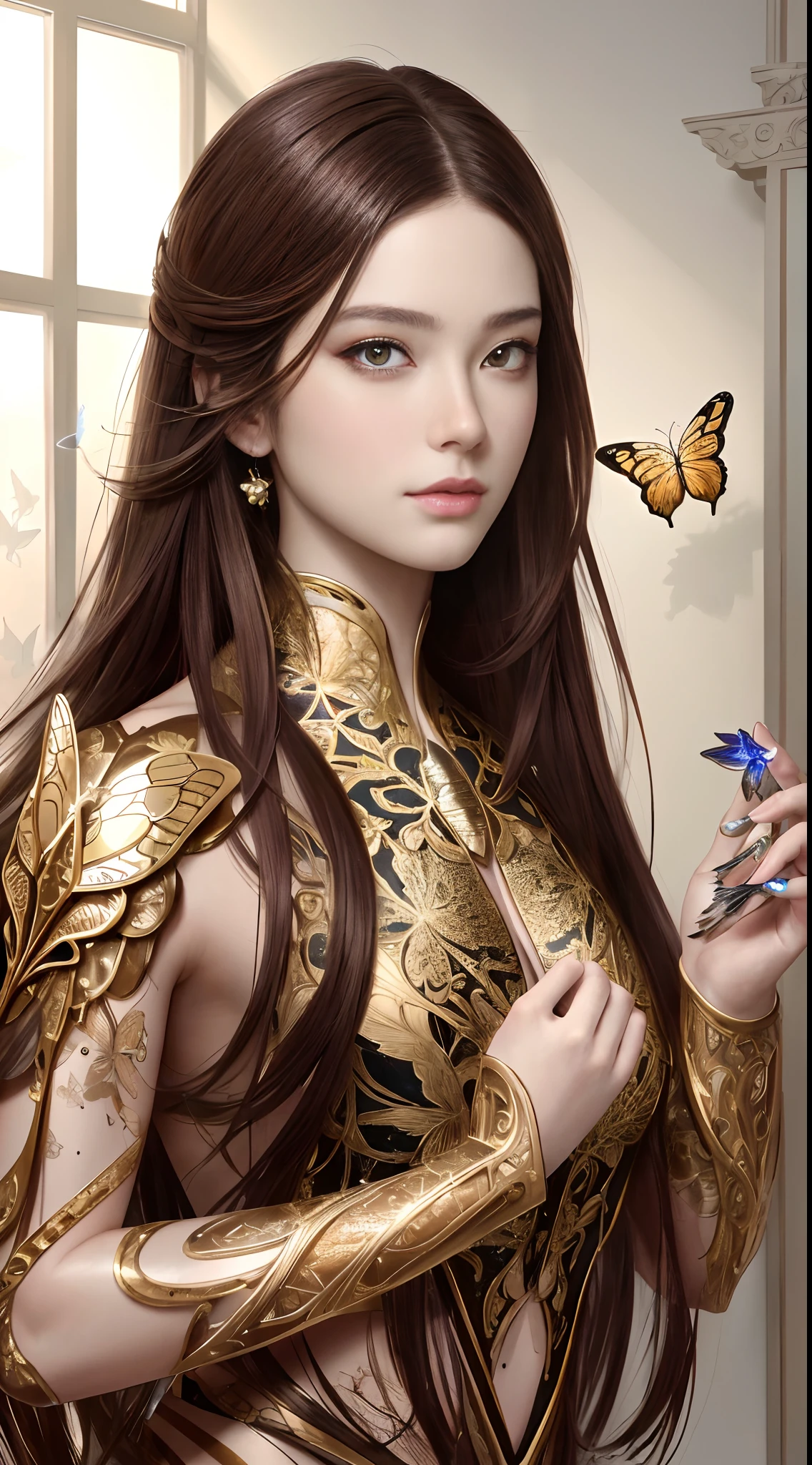 Retrato en 8k de un hermoso cyborg con cabello castaño, Intrincado, elegant, muy detallado, majestuoso, Fotografía digital, arte de artgerm y ruan jia y greg rutkowski pintura surrealista filigrana de mariposa dorada, vidrio roto, (obra maestra, iluminación lateral, hermosos ojos finamente detallados: 1.2), hdr,