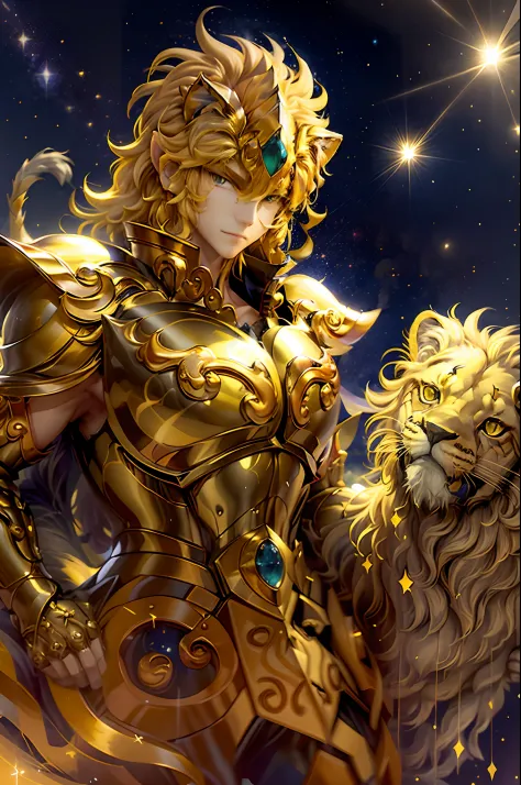 （tmasterpiece，hoang lap，high qulity，best qualtiy，Hyper-detailing，big breasts beautiful）,Magical golden Leo: Magical golden Leo
Yellow-haired people: A man with bright yellow hair, Exudes a captivating aura.
Lion companion: Stand next to people, The majesti...