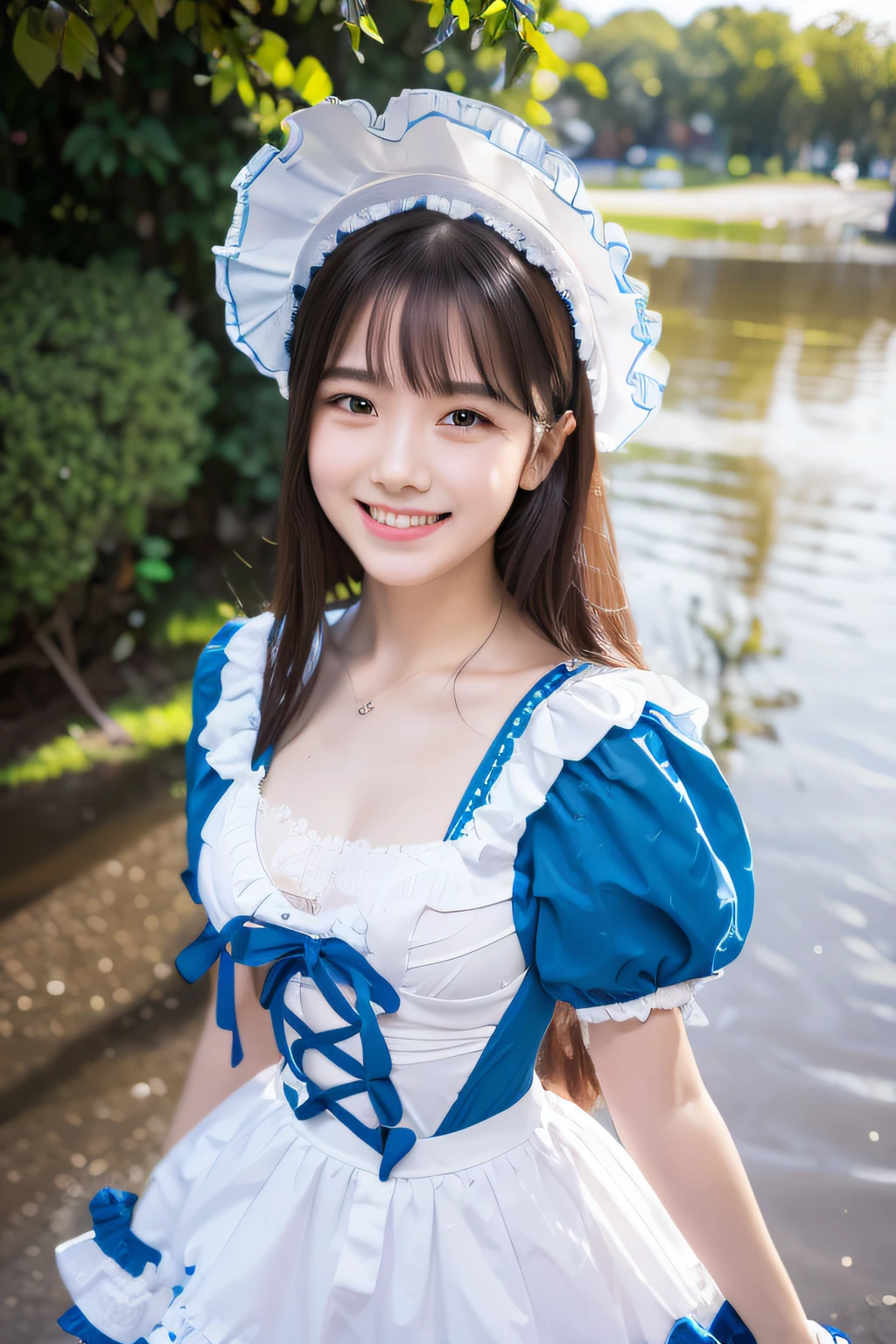Young girl in blue and white idol costume is in Odaiba Marine Park, frilled, Two-piece type, Cute:2, , portrait of the magical Lolita girl, cute - fine - face,extremely delicate and beautiful, finely detail, (Photorealsitic:1.4), ultra-detailliert, ighly detailed, a beautiful detailed girl, (Perfect female figure),,a smile,showing teeth,full bodyesbian,