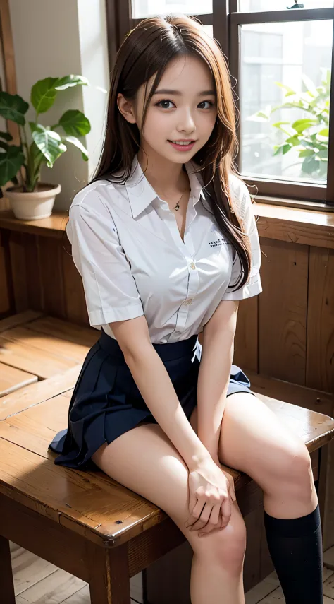 Natural strawberry blonde and redhead girl with cute face, Cute Pose, Happy wearing a white button shirt, petite body, skinny, Atmospheric, dark ambiance, Edge lighting, Facial features of Mao Akiyama and Aya Yamamoto and Tamarina Matsui and Asuka Saito an...