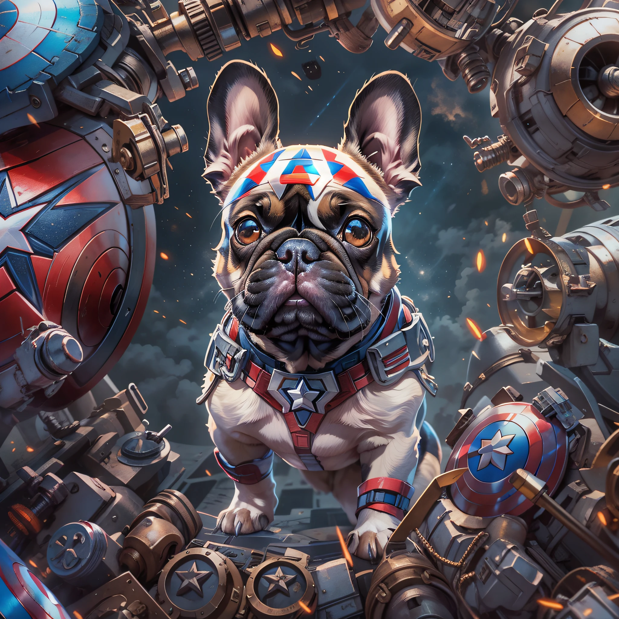 french bulldog, (marvel captain america), Clear mecha planet background, Stereoscopic effect, 3D rendered, (Beste Illustration), (super detailed CG), digital painting, Eyes of the Milky Way, Ultra-Definition, --ios 120, Meticulous expression, HDR, extremely high details, Unreal-Engine, rich colors, octane rendering, 8k