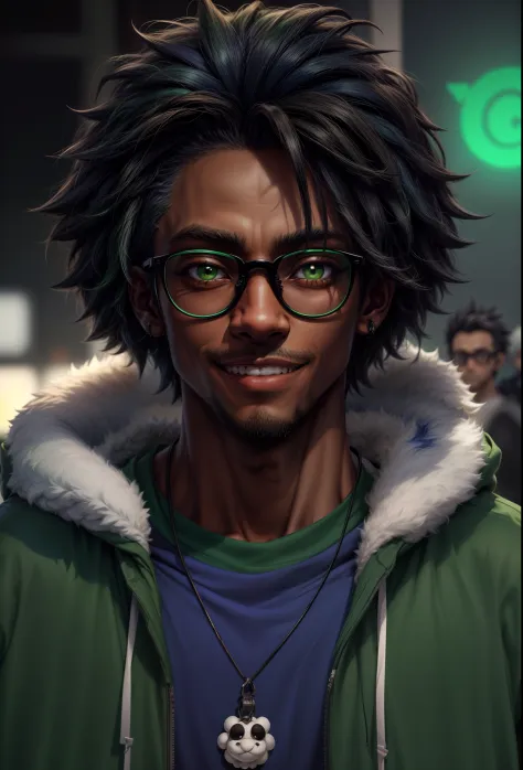 anime image of a dark skin male with glasses wearing a dark green shirt and white hoodie, character portrait of me, jade green e...