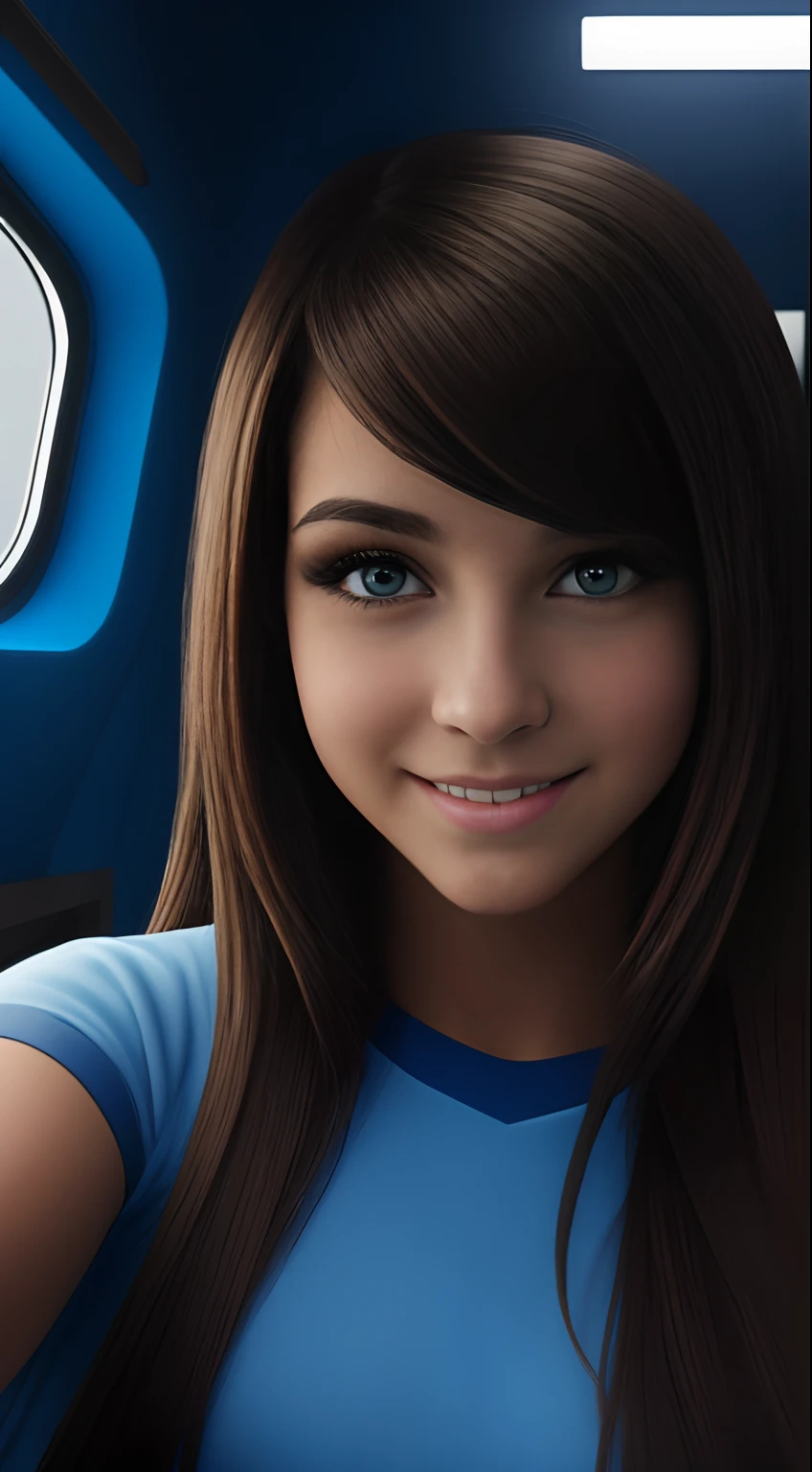 A close up of a woman with long hair and blue shirt - SeaArt AI