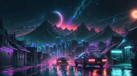 retrowave. city, car, road, purple neon lights, sun, mountain, (masterpiece,detailed,highres),