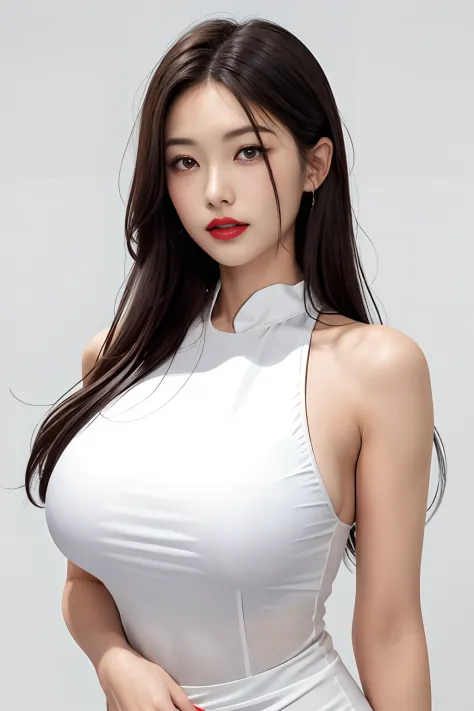 girl with, bangss, Black pants, breastsout, Breasts squeezed together, White background, hair between eye, huge-breasted, length hair, FULL BODYSHOT, cparted lips, red eyes, The shirt, simple background, 独奏, You can see the texture of the fabric,Silk dress...