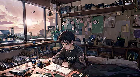 A young guy doing homework at his room in a sad afternoon