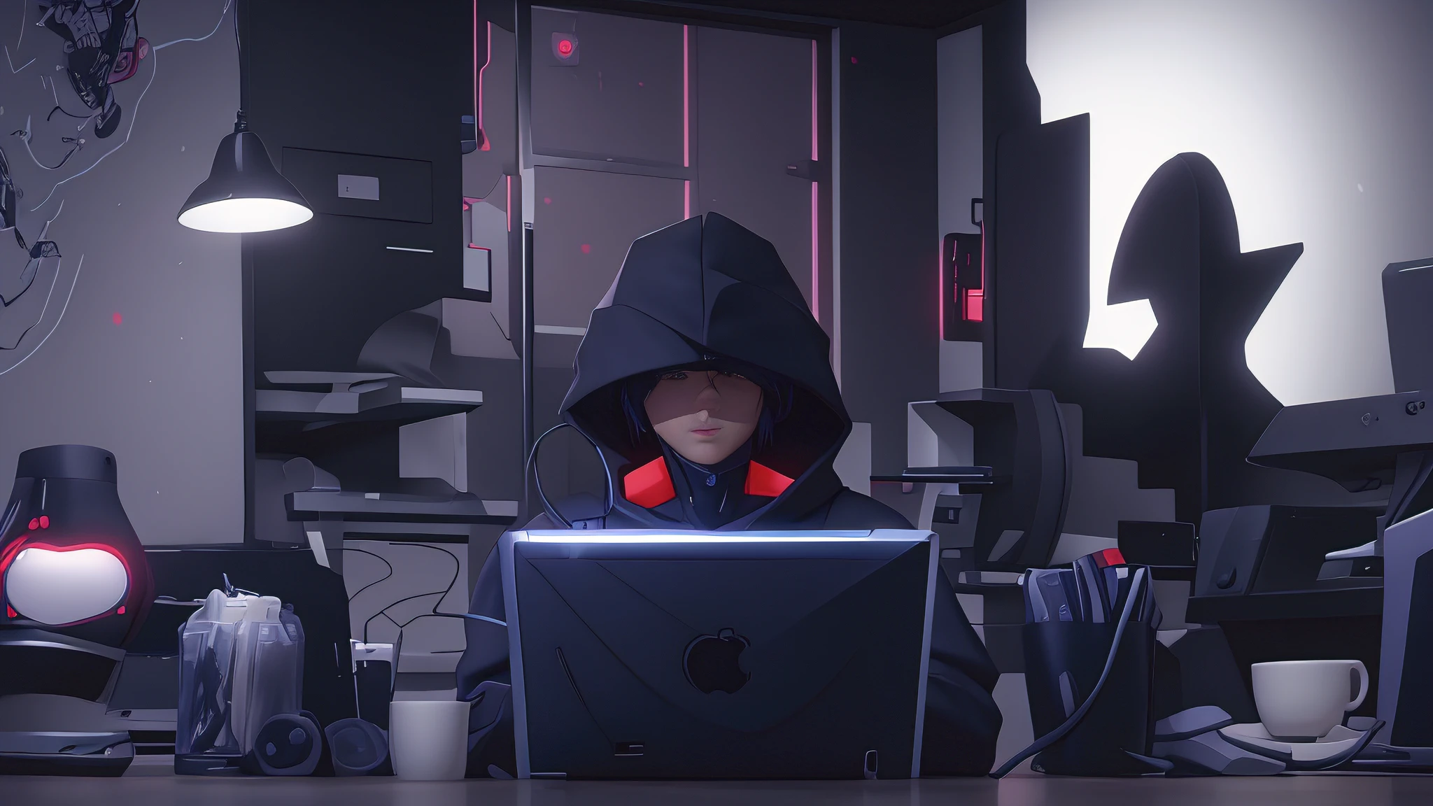 personnage d&#39;anime Sasuke assis à une table avec un ordinateur portable, inspiré par Sasuke, cyber noir, style animé 4k, Technologie battue. Néo Estilo Preto, Dirigé par: Liam Wong, Fanart officiel, pirate, pirate cyberpunk, Fille d&#39;anime cyberpunk avec capuche, anime dur à cuire 8 k, fond d&#39;écran d&#39;ordinateur, cyberpunk anime art numérique, Artgerm et Atey Ghailan,animations 3D