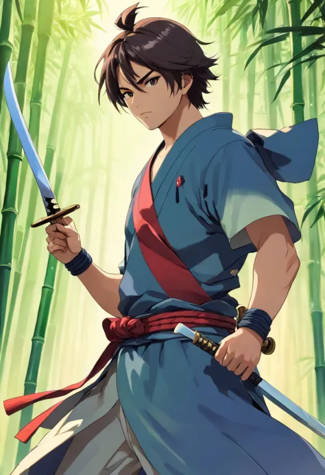 (((um homem samurai com uma espada na cintura))), olhar penetrante, Wearing a bamboo hat, rosto detalhado, jovem, extremamente detalhado, plano geral, estilo anime, colorido, obra prima, 8k