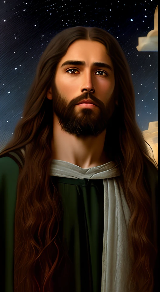 jesus with long hair and beard standing in front of a dark sky, jesus christ, portrait of jesus christ, jesus face, young almighty god, greg olsen, gigachad jesus, jesus of nazareth, christian art, dressed like jesus christ, jesus, the lord and savior, catholic religious art, profile pic, religious painting, profile photo, god looking at me