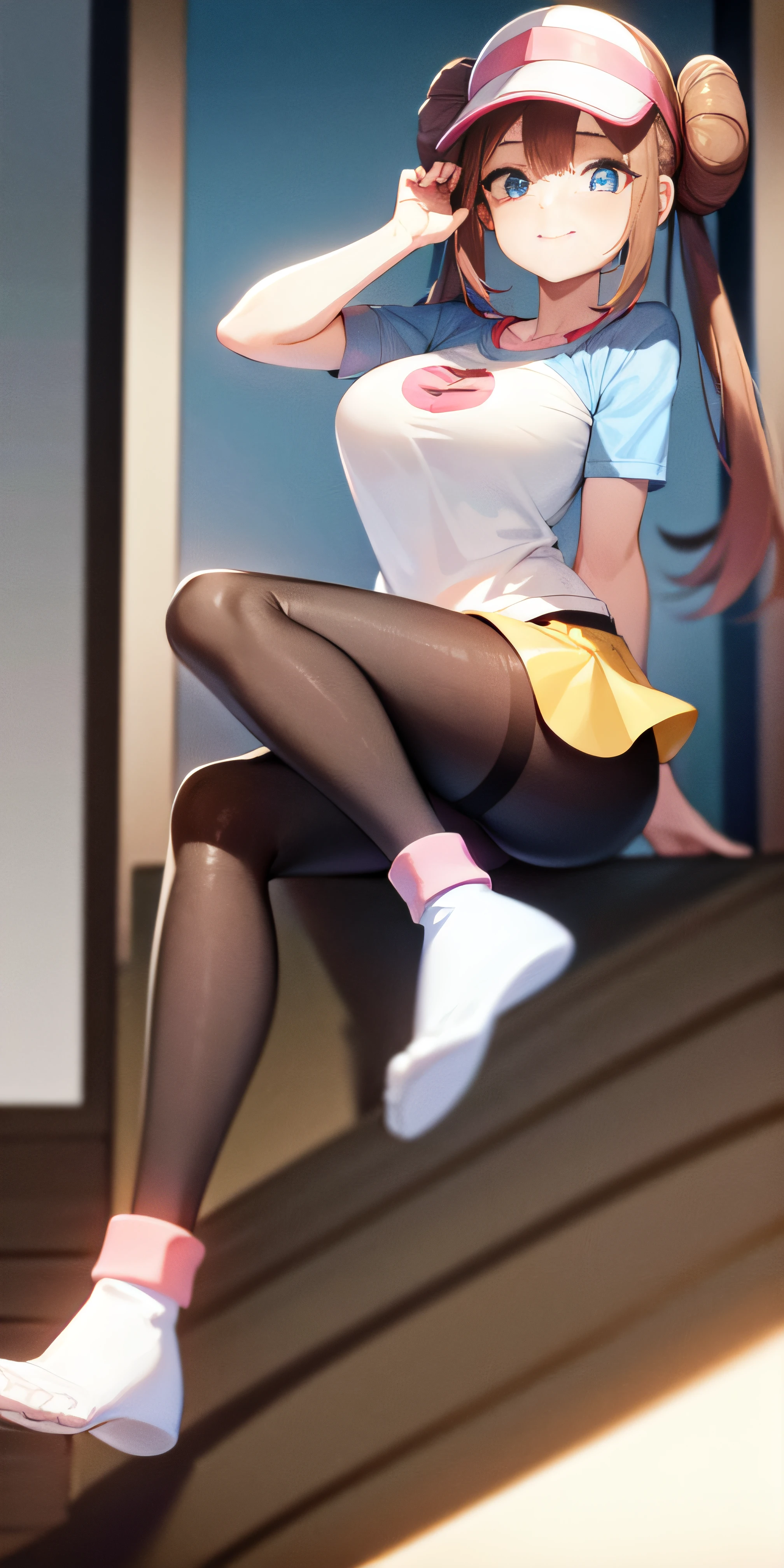 ro1, hair bun, blue eyes, twintails, visor cap, pantyhose, raglan sleeves, yellow shorts, shirt, pink bow, wristwatch, (foot focus), full body view, (masterpiece, best quality, 8k,4k, high res:1.4), sexy, no shoes, seductive smile, pantyhose covers feet, 1girl, busty, huge breasts, sock fetish,vivid colors