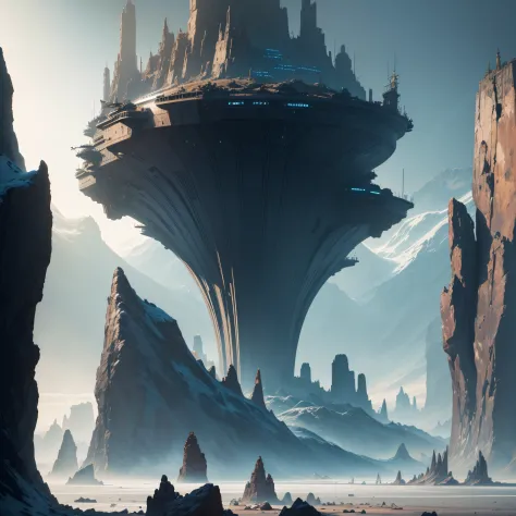an epic image of an alien environment on an inhospitable planet, with some ships cutting through the sky