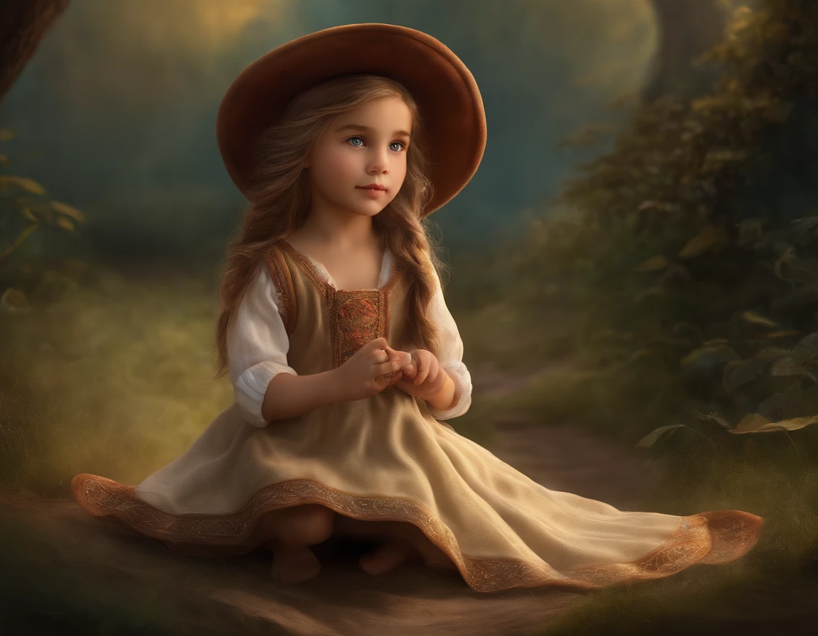 La mejor calidad, Ultra detallado,fotorrealista:1.37), A detailed illustration of little girl elf. Once. Tiene llamativos ojos color miel y cabello negro trenzado.. His little ears peek out from under his hat, and she is dressed in a long flowing skirt. The artwork shows vivid colors and a realistic representation of the character.. Lighting creates a warm and magical atmosphere.