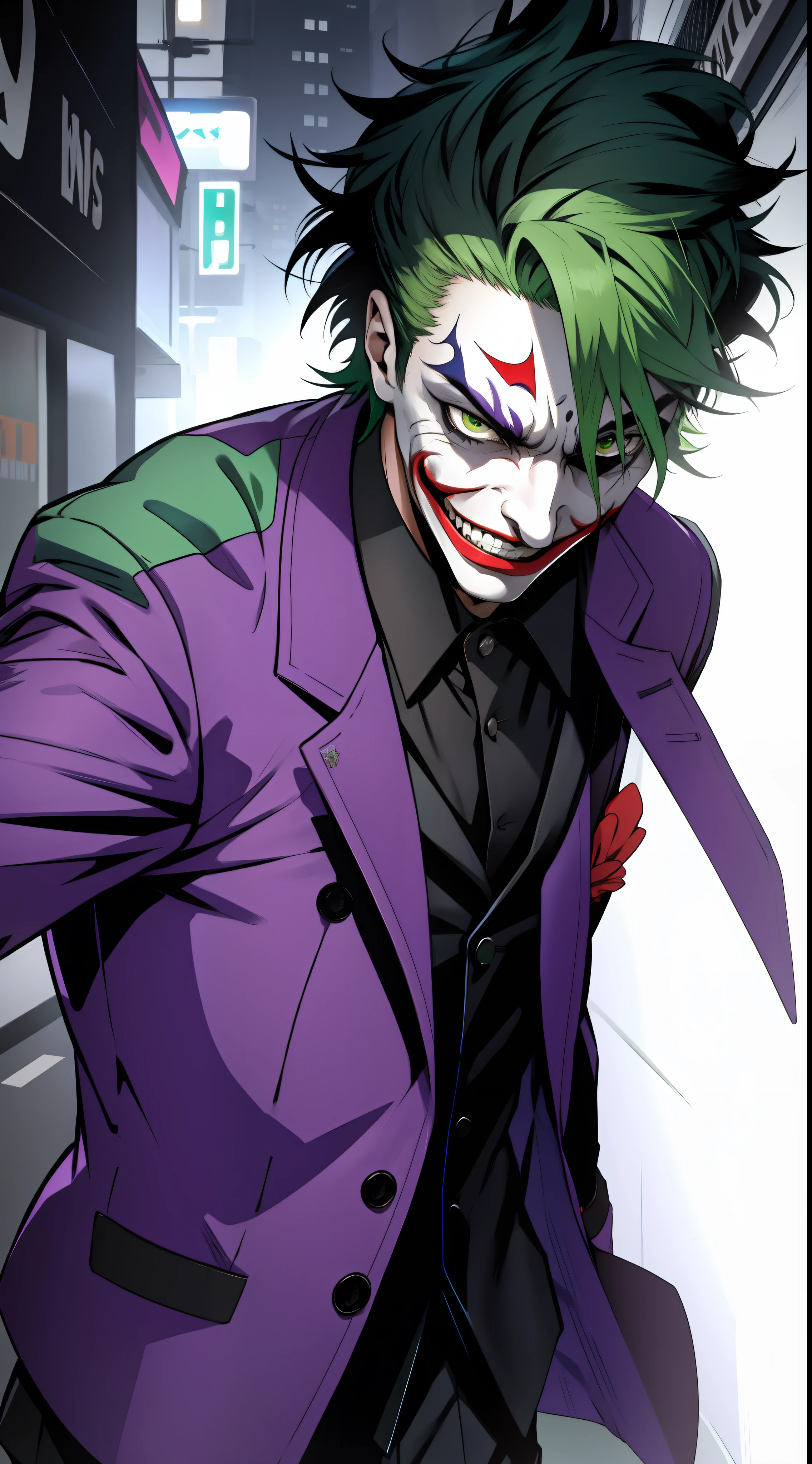 Joker in a purple suit and black tie walking down a street - SeaArt AI