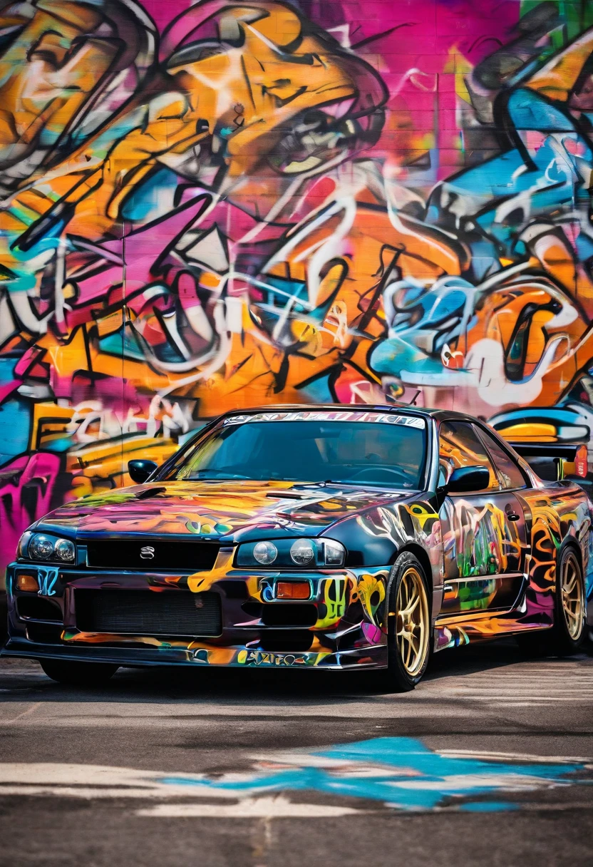 A close up of a car parked in front of a graffiti covered wall - SeaArt AI