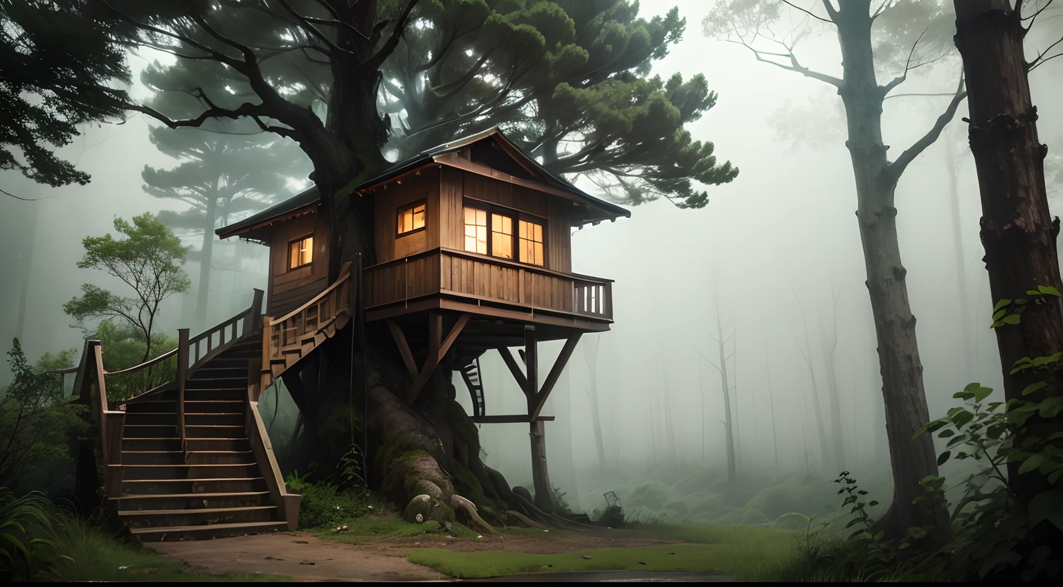Cielos nublados y fuerte tormenta en el bosque, Una casa en el árbol con escaleras., Vegetación húmeda, y algunos árboles alrededor