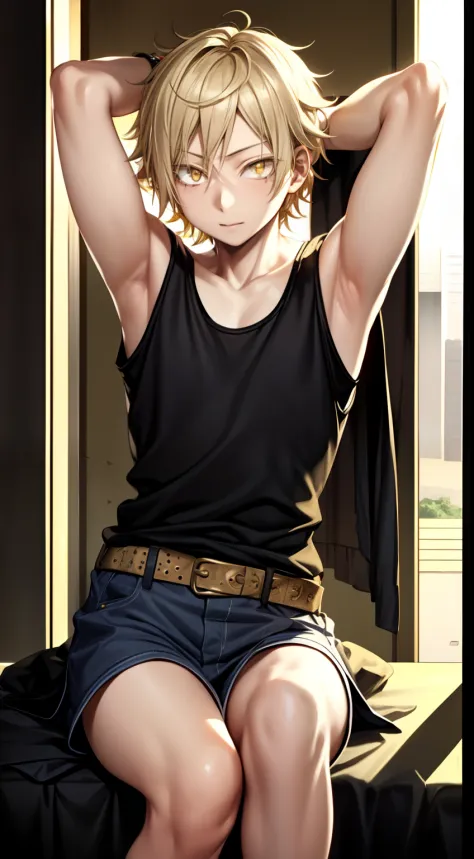 masterpiece, best quality, high quality, 1boy, solo, male focus, looking at viewer, upper body, shuuya_kano, blonde hair, yellow eyes, tank top