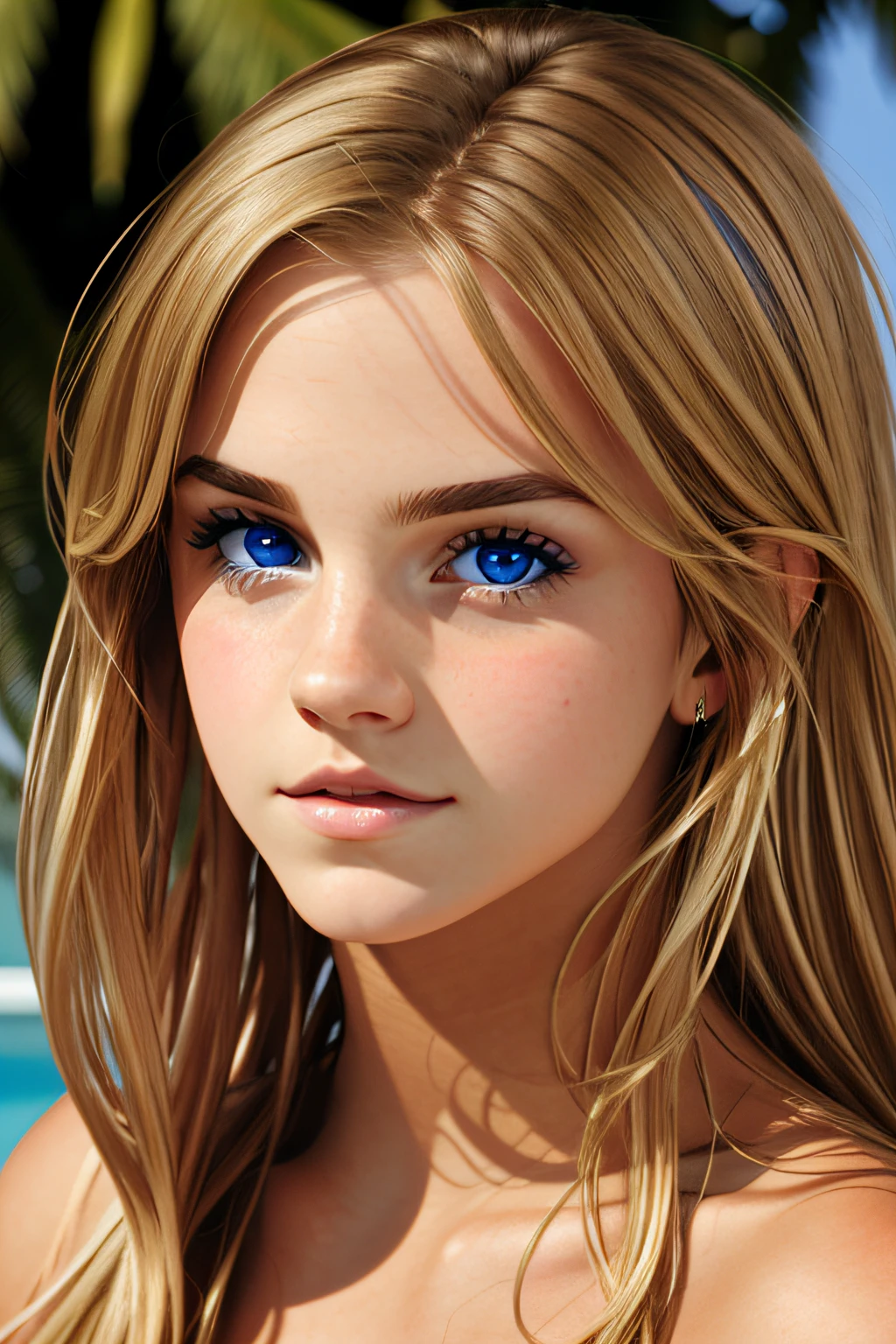 A woman with blue eyes and long blonde hair standing in front of a pool -  SeaArt AI