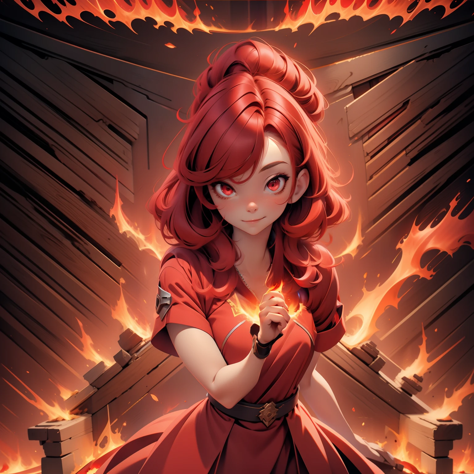 A girl, red hair, glowing red eyes, red dress, fire effects