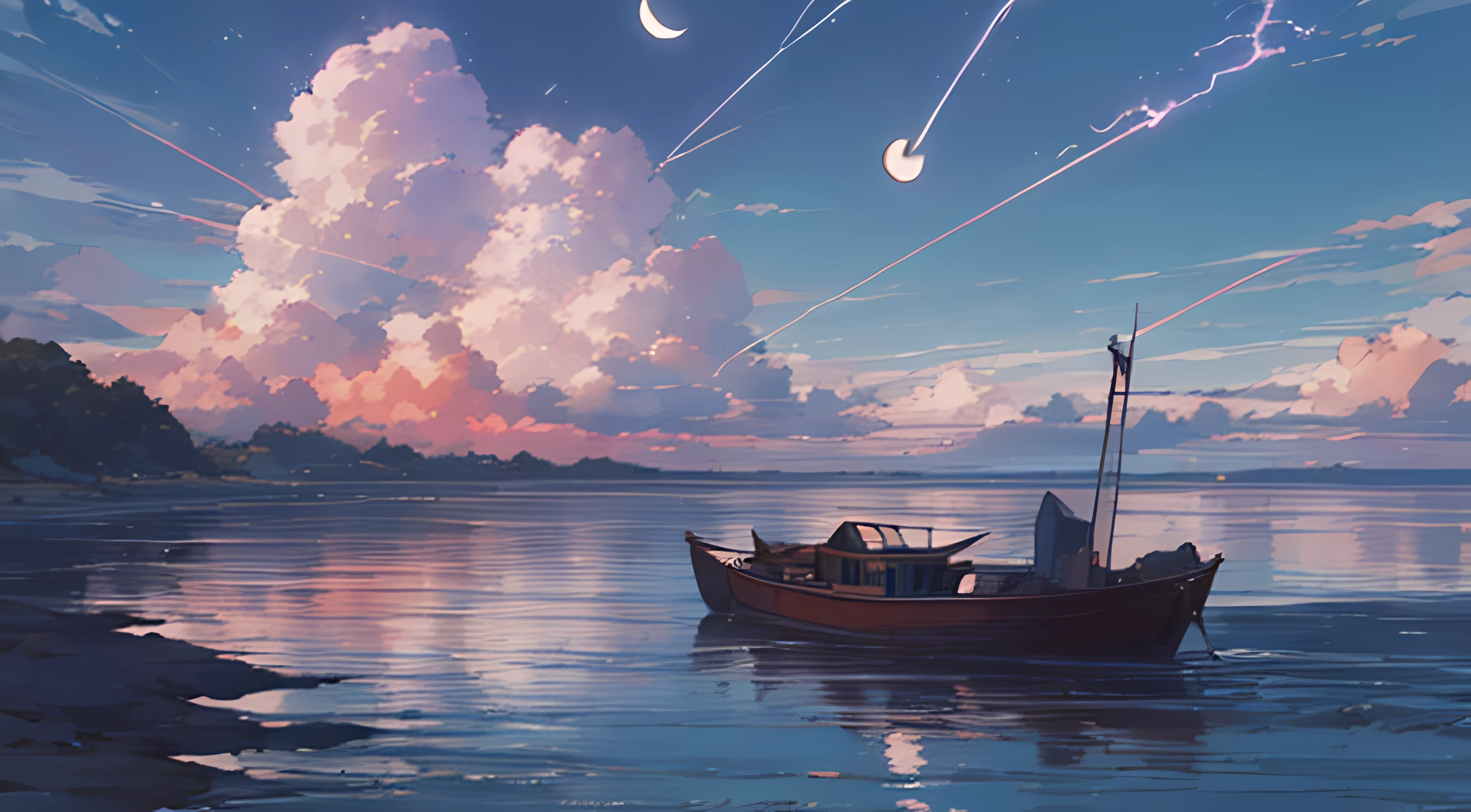 painting of a beach with a boat in the distance and clouds in the sky, blue sea. by makoto shinkai, makoto shinkai. —h 2160, style of makoto shinkai, detailed scenery —width 672, reflections. by makoto shinkai, in style of makoto shinkai, anime beautiful peace scene, (((nigh time, halfmoon, blue style, blue theme, blue Lightening)))