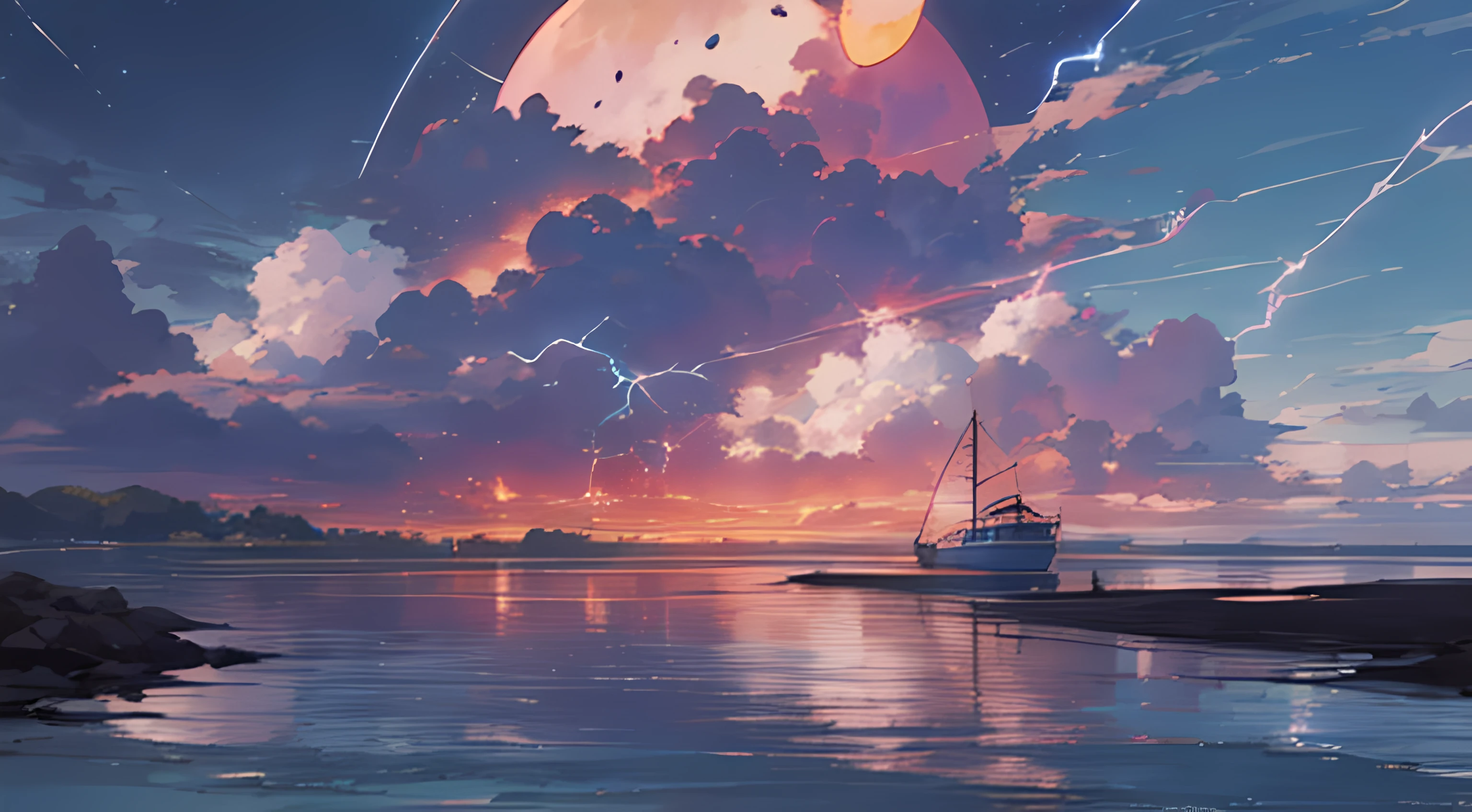 painting of a beach with a boat in the distance and clouds in the sky, blue sea. by makoto shinkai, makoto shinkai. —h 2160, style of makoto shinkai, detailed scenery —width 672, reflections. by makoto shinkai, in style of makoto shinkai, anime beautiful peace scene, (((nigh time, halfmoon, blue style, blue theme, blue Lightening)))