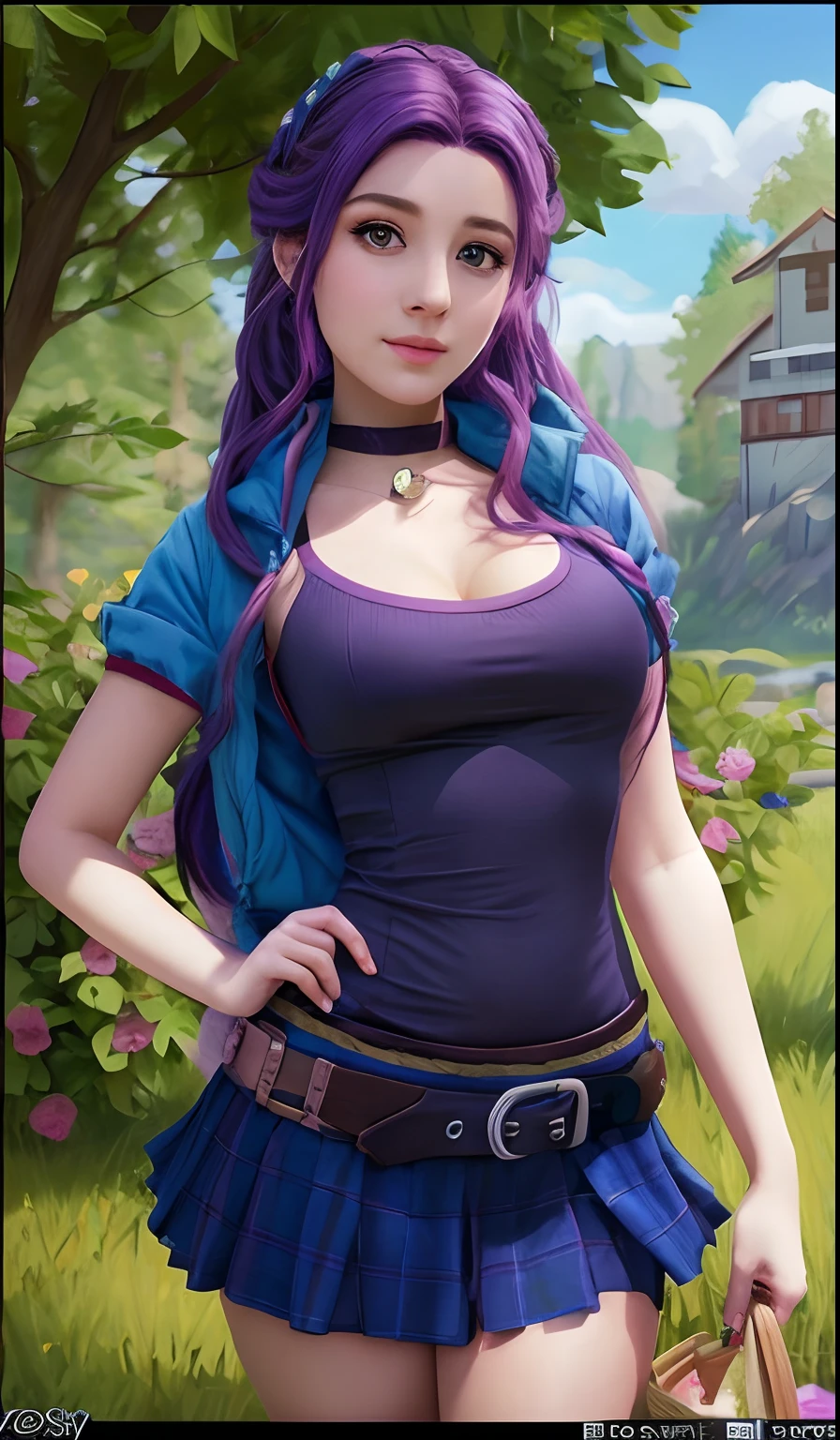 A woman with purple hair and a blue top is standing in a field - SeaArt AI