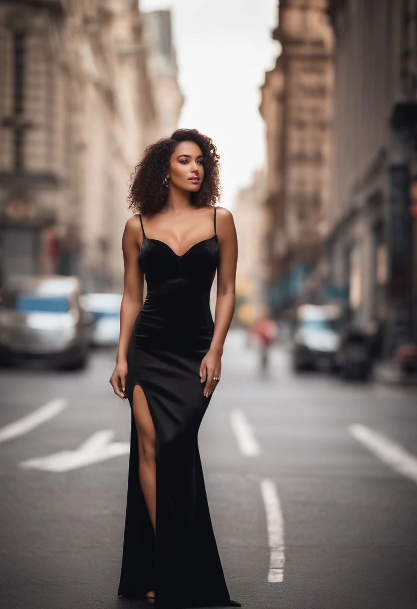 arafed woman in black dress posing in the middle of a city street, a picture by Emma Andijewska, pexels contest winner, digital art, photo of a beautiful woman, beautiful female model, beautiful young woman, young beautiful woman, jaw-dropping beauty, attractive woman, jaw dropping beauty, big tits , nice real background of the NewYork city without any blurriness , showing only upper body , no hands , huge 