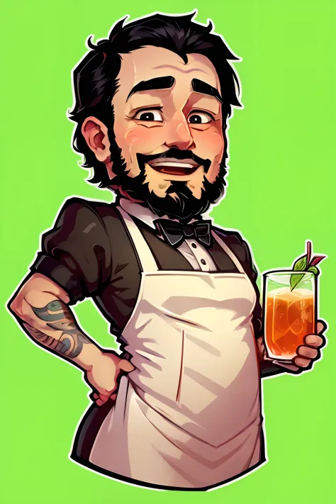 a stickers   man  who is a bartender. black short hair and beard . He has a friendly face and wears a bartender's uniform, compl...