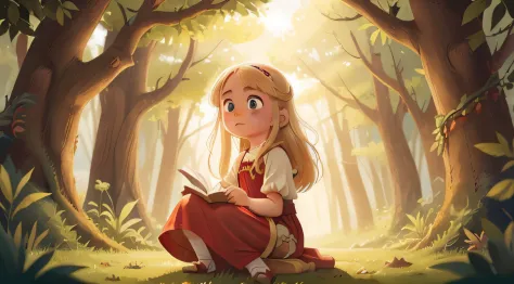 A 12-year-old girl with blonde hair and big green eyes in a red dress. Once upon a time, in a distant kingdom, there lived a lit...