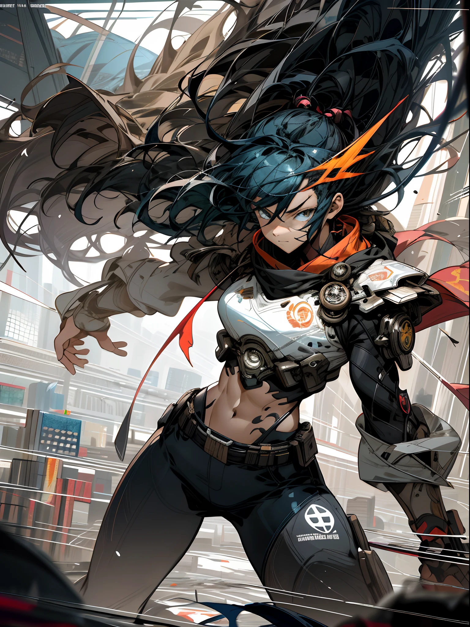 Background, mixed-language_text, Japanese graffiti letters, Warrior with long black hair, falling down the back. His eyes have a deep shade of amber, that shine with intensity, When he's in battle. She has an athletic and slim appearance, with a confident and decisive posture. Her skin has a slight tanned tint, proof of her strength and endurance, photo, Sticker art, freedom, showering, digital illustration art, comic style, centered, approaching perfection, dynamic, Highly detailed, aquarelle painting, Artstation, Concept art, Smooth, sharp-focus, illustartion, Artists Carne Griffiths and ,Anime alone, centered, approaching perfection, Drawing Style Illustrator, Anime style, body with futuristic design in the style of a tribal tattoo in the shape of a dragon,  Serious face and ultra detailed graphics, Shattered graffiti-style cityscapes with camera focus,