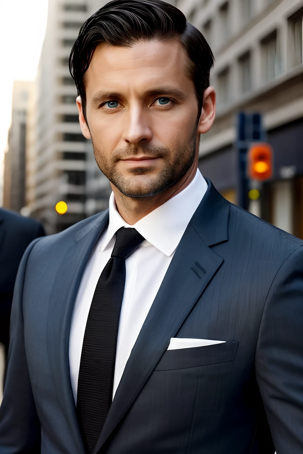 35 year old man, blue eyes, short black hair, elegant man with a suit in a large metropolis, sexy