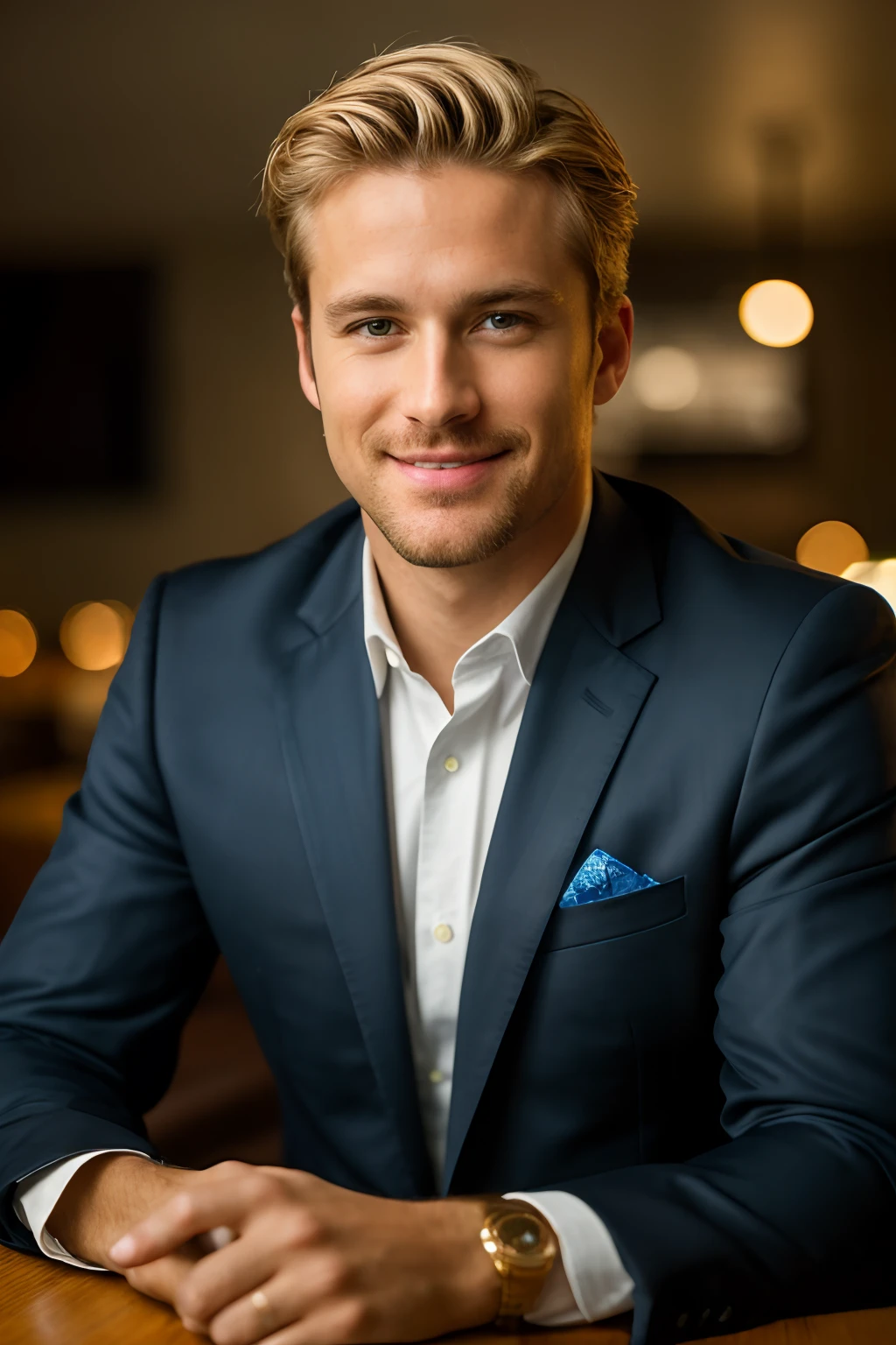 blonde guy wearing a suit (sitting inside a modern restaurant at night), very detailed, 35 years old, natural wave hair, blue eyes, facial hair, high-res, masterpiece, best quality, intricate details, highly detailed, sharp focus, detailed skin, realistic skin texture, texture, detailed eyes, professional, 4k, charmer smile, shot on Canon, 85mm,shallow depth of field, Kodak vision color, perfect fit body, extremely detailed, photo_\(ultra\), photorealistic, realistic, post-processing, max detail, roughness, real life, ultra realistic, photorealism, photography, 8k uhd, photography (film grain) medium shot to close up shot happy smiling atmospheric dark lighting