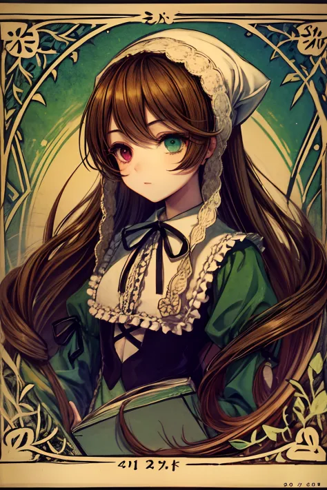 suiseiseki, bonnet, head scarf, heterochromia, green dress, neck ribbon, twin drills, ((bestiary_style)), detailed, intricate