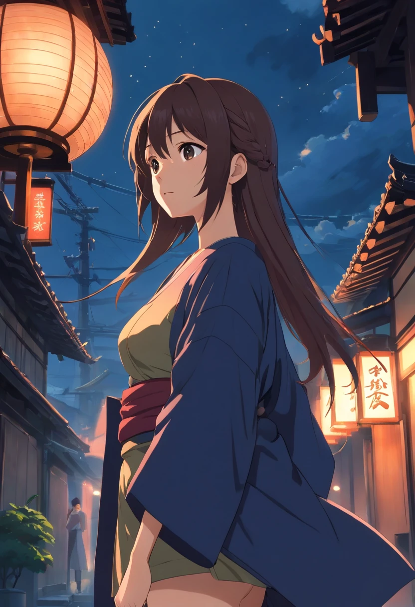 A woman in a kimono outfit standing in front of a street - SeaArt AI